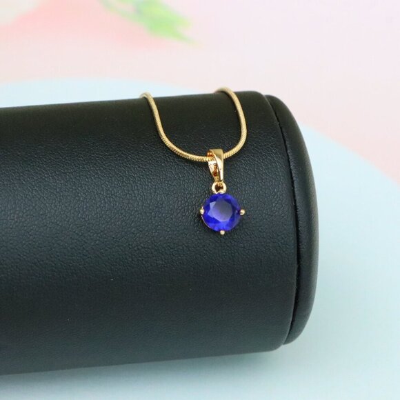 "Round Blue Stone Pendant in Gold Plated Brass – Dainty Everyday Charm, XPPT1758 - Picture 6 of 13
